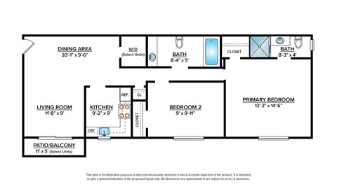 Floor plan for 2 beds, 2 baths, 950 sqft